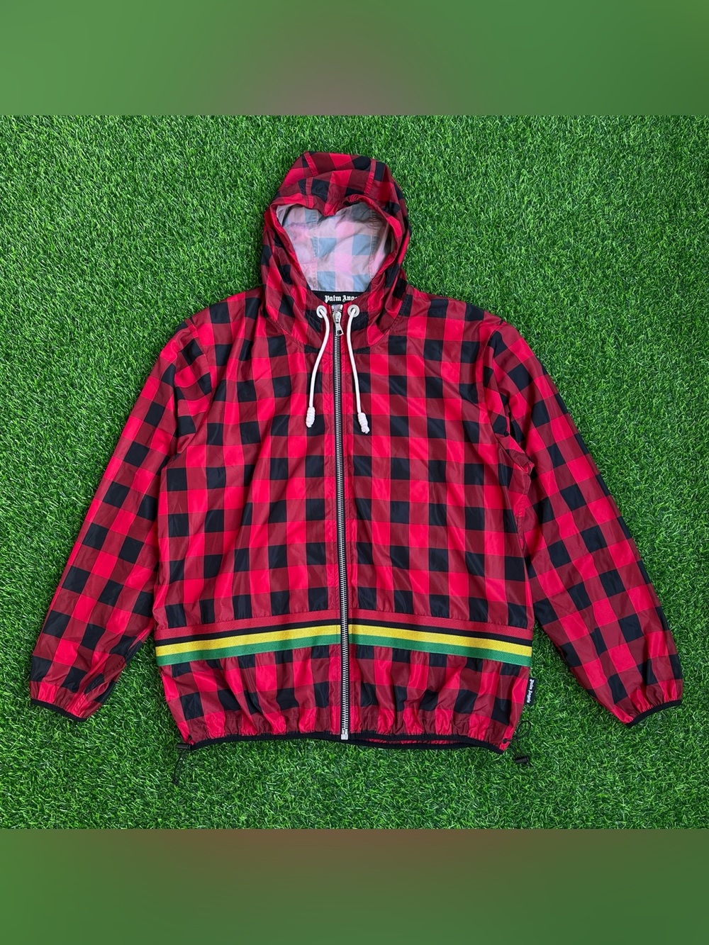 Palm Angels Red Buffalo Checkered Hooded Windbreaker Jacket